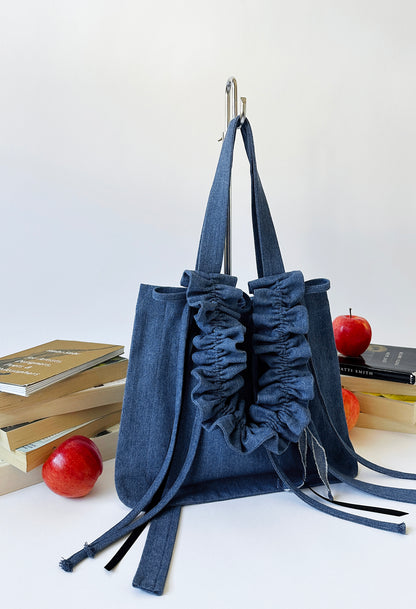 MINI ALIYA TOTE BAG - WASHED BLUE DENIM w/ THIN BOWS