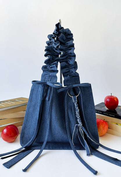 MINI ALIYA TOTE BAG - WASHED BLUE DENIM w/ THIN BOWS